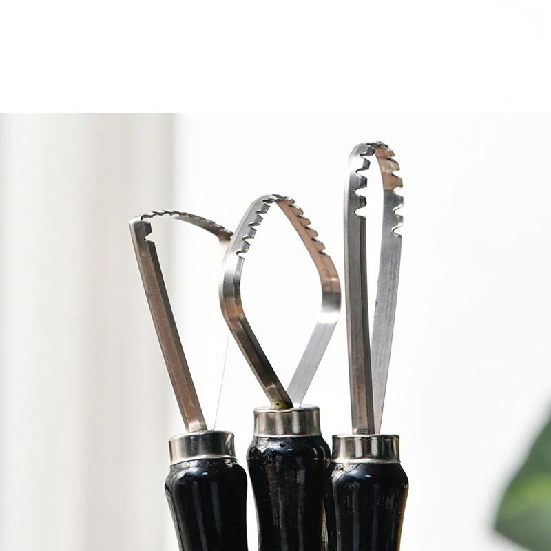 Ceramic Serrated Ring Repair Tool Three-piece Wooden Handle Stainless Steel Round Head Clay Sculpture Texture Pottery Supplies