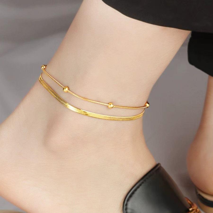 Trendy Double Layer Titanium Steel Love Heart Anklet Gold Versatile Foot Jewelry Set