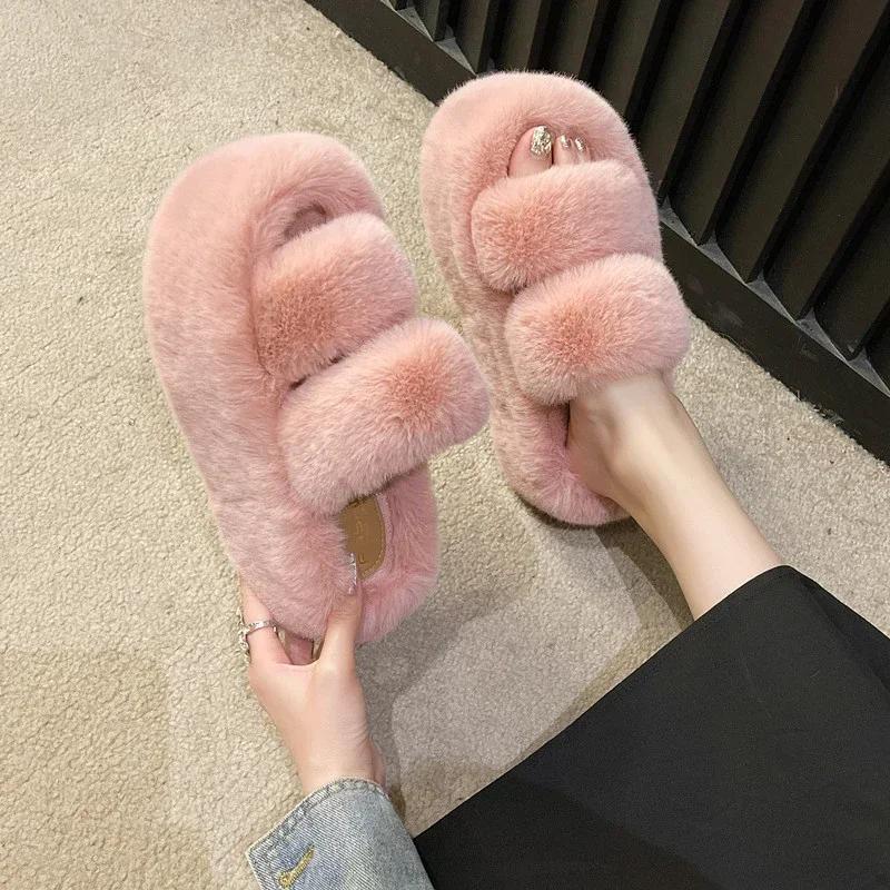 Women Winter Fluffy Fur Slippers Winter Warm Cotton Slipper Comfort House Slides 7cm Height Increase Platform Slippers for Women