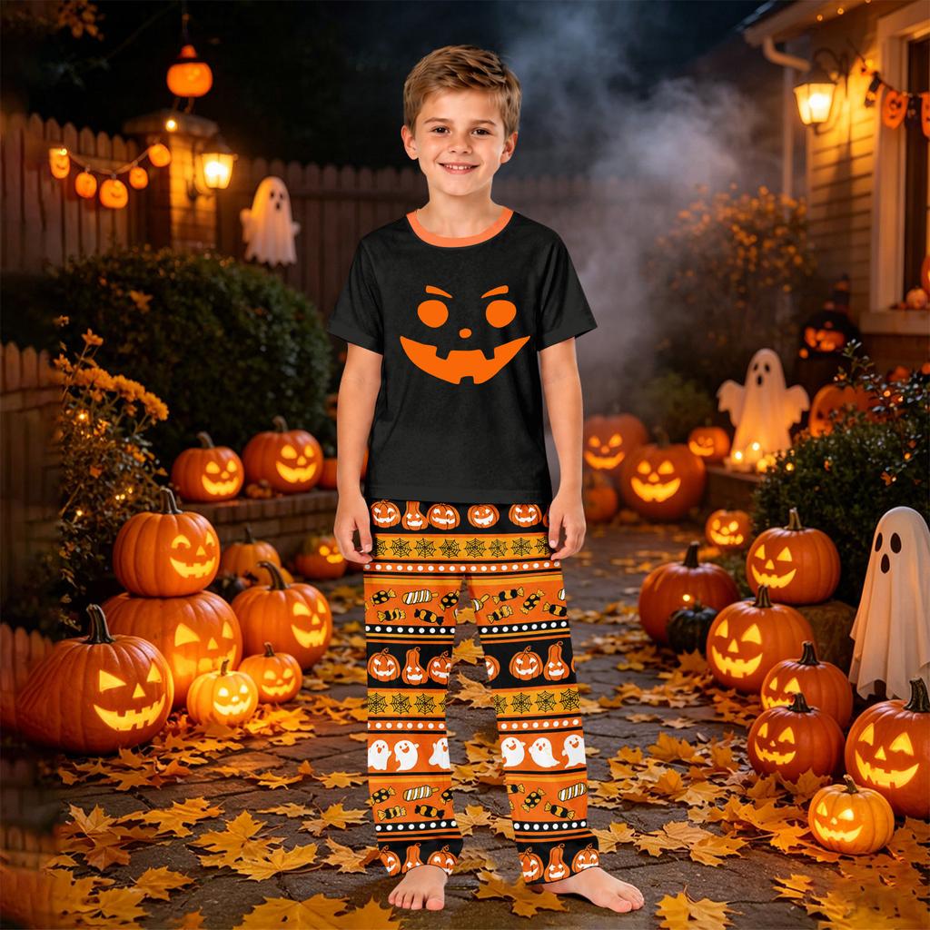 Family Matching Halloween Print Short Sleeve Loungewear Set with Tops and Pants for Parents and Kids