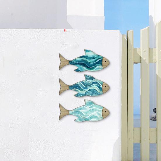 3 Pcs Wooden Fish Wall Decor Nautical Coastal Theme Wall Art Vintage Beach Blue Fish Wall Sculpture for Lake House Bathroom Bedroom Decor