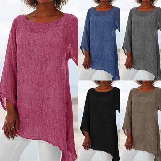Casual Solid Color Long Sleeve Irregular T-Shirt Women Cotton Linen Tunic Top