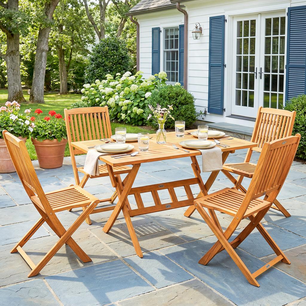Garden Furniture Set Acacia Wood Seating Group 5-Piece Foldable Table with 4 Folding Chairs Slatted Design