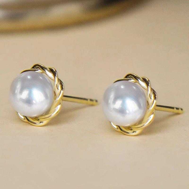 Handmade Twisted Gold Wire Wrapped High Luster Round White Imitation Pearl Stud Earrings Casual Banquet Ladies Accessories