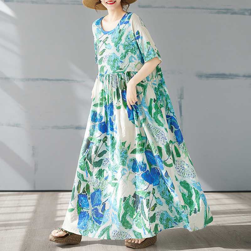 Round Neck Printed Bohemian Long Dress for Summer