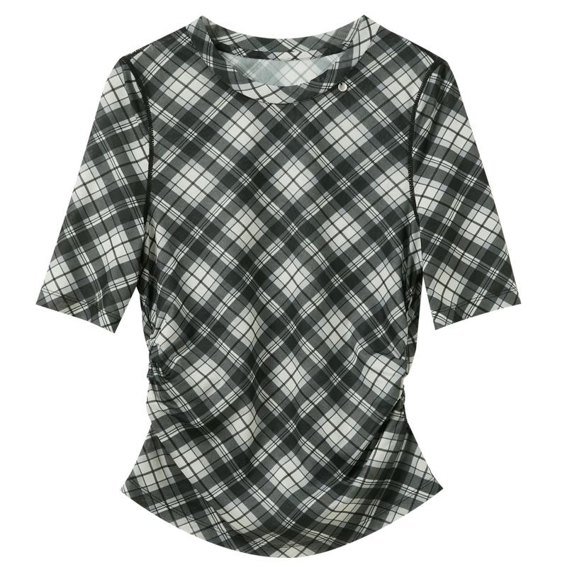 

Women s Mesh Plaid Short Sleeve T-Shirt L