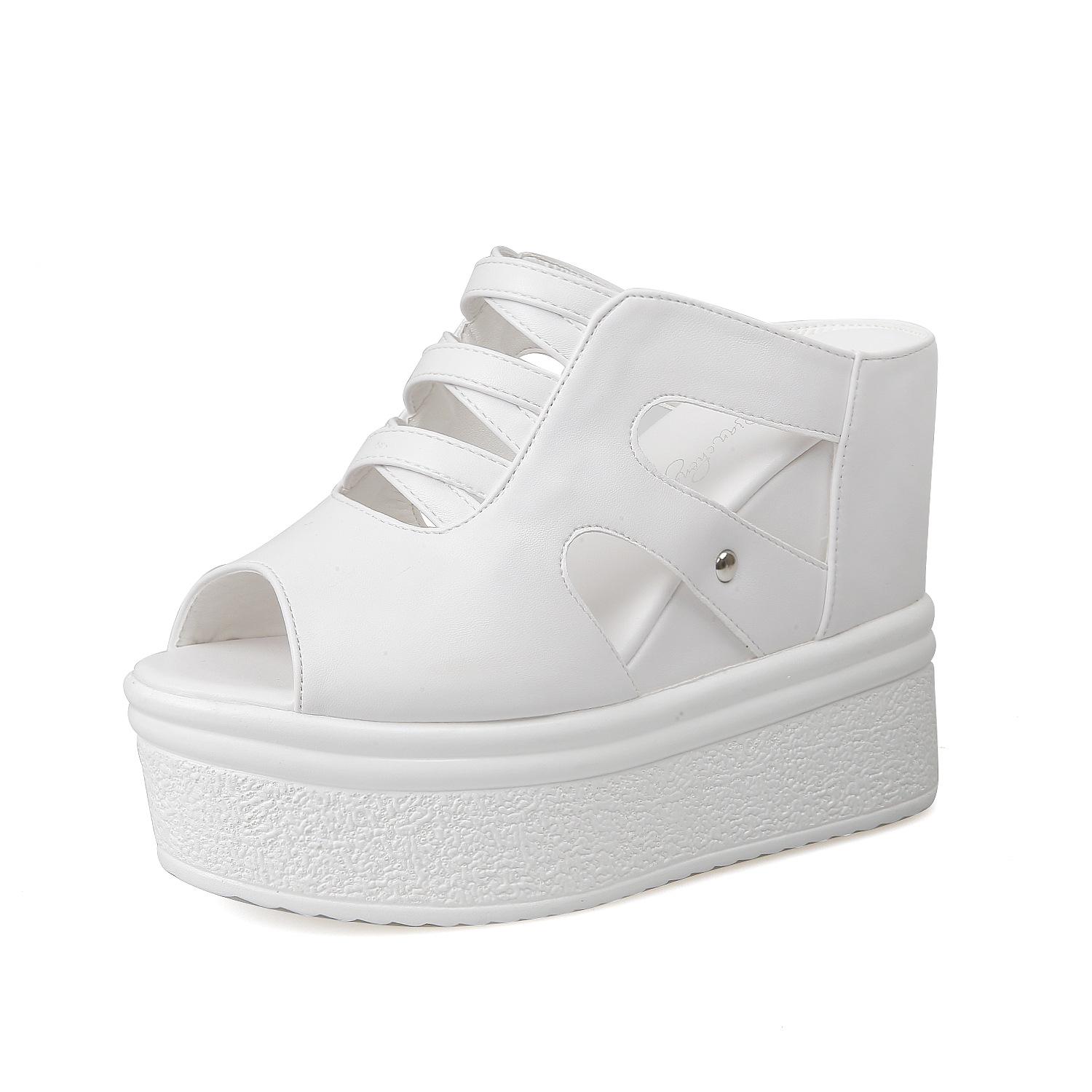 

Літні танкетки Жіноче взуття 12 см Модні туфлі на високих підборах з відкритим носком Шльопанці Чорні Білі Ажурні Платформа Вуличні Жіночі Сандалі 34 білий