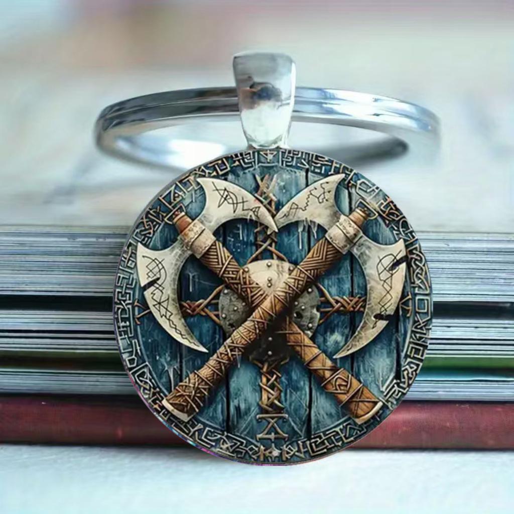 Kulatá slitina Klíčenka Přívěsek s kovovým kroužkem na klíče Design vikingského štítu Vzor dvojité sekery pro tašku Klíče od auta Příslušenství