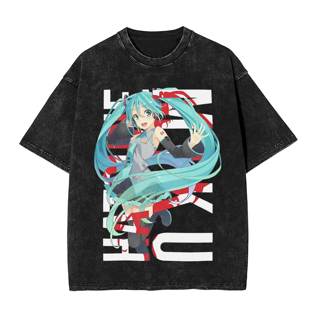 2026 Hot Sale Summer Japanese Anime Hatsune Miku Vintage Washed T Shirt Men Women Oversized Streetwear Graphic Tees Casual Cotton Tops Short Sleeve