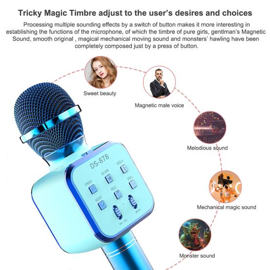DS878 Wireless Microphone Five Sound Modes Support U Disk/TF Card Metal 4 In 1 Bluetooth-compatible Condenser Mic Music Player for Boys Girls