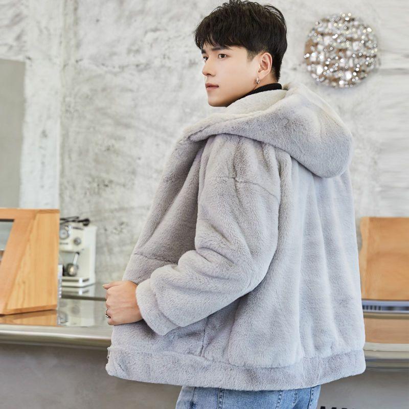 Winter new men's and women's couples fur coat women's imitation Rex rabbit hair hooded loose medium and long plush coat