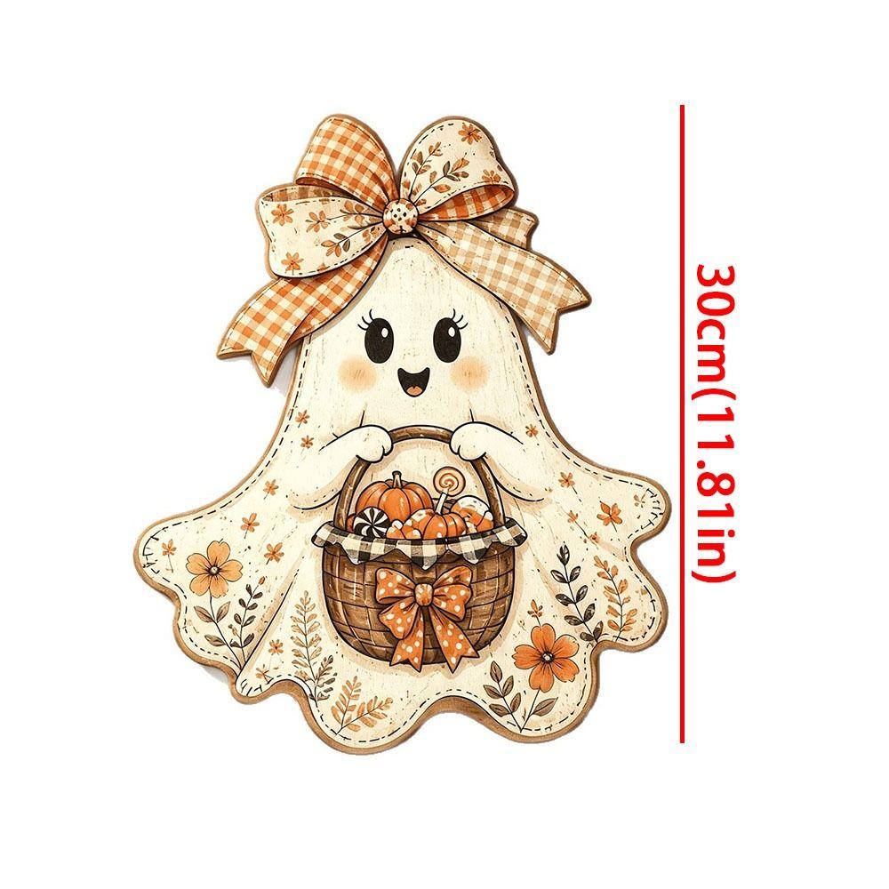 2D Flat Halloween Ghost Wood Door Hanger Rustic Style Whimsical Fall Harvest Door Plaque Cartoon Pattern Fade Resistant