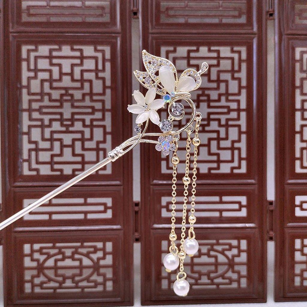 Épingle à Cheveux Papillon Élégante Pinces à Cheveux Florales Pièces de Tête en Alliage Perles Chaîne Gland Bâtonnets à Cheveux Style Chinois Ancien Bijoux de Cheveux