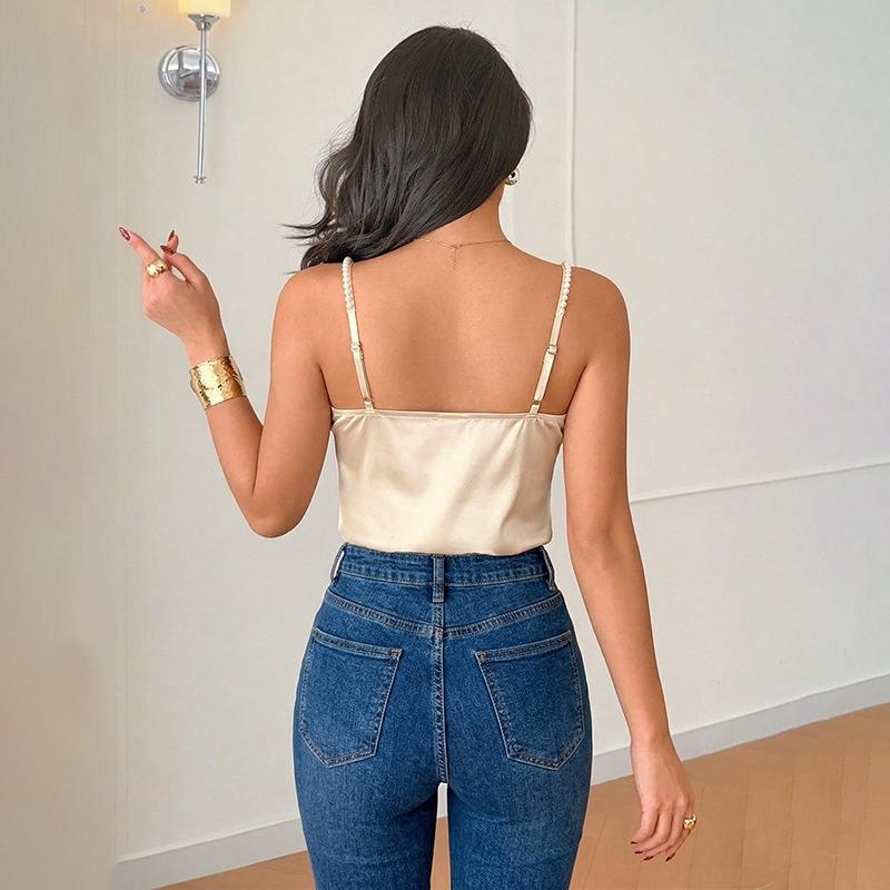 Body da donna alla moda casual a tinta unita con stampa estivo primaverile senza maniche scollo a V