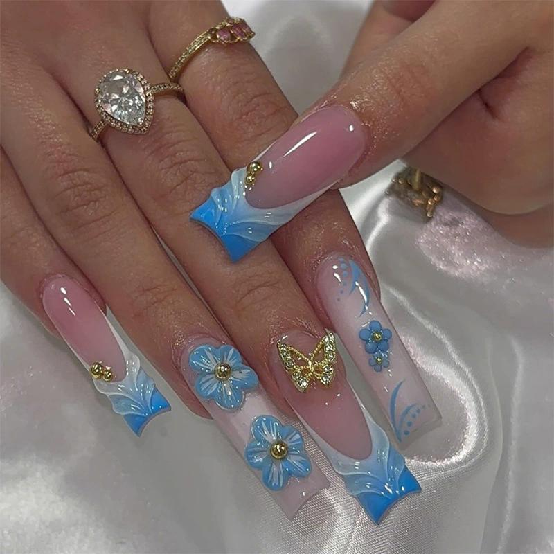 24Pcs Sweet Medium Square False Nails with Glue Blush Pink Flowers Fake Nails Full Cover French Acrylic Press On Nails for Girls