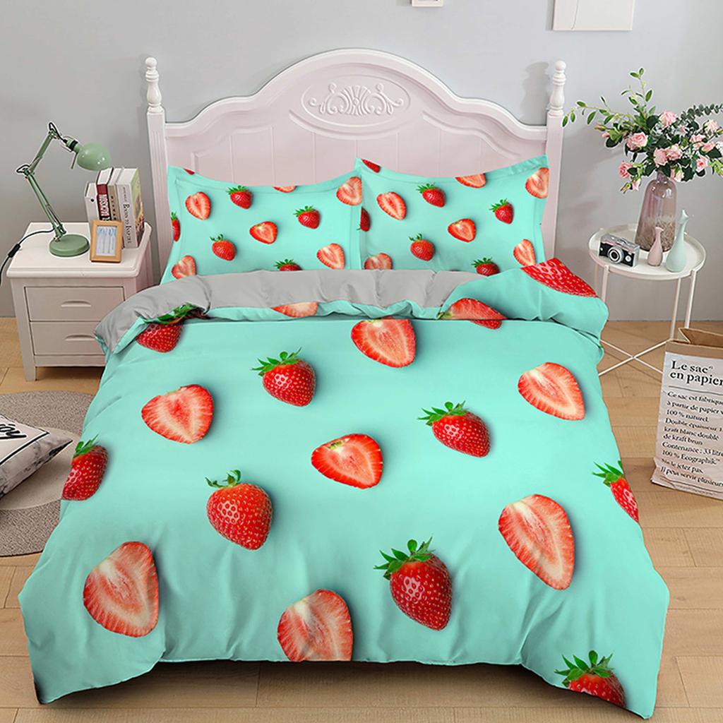 Red Strawberry Pink Lovely Summer Fruit Tree Leaf Duvet Cover for Children Girls Gifts Room Decorations Polyester Duvet Cover