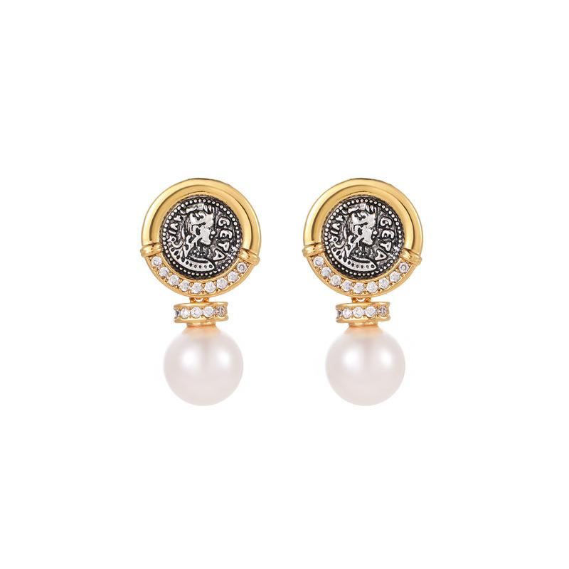 Zircon Pearl Two-Color Ancient Coin Series Earrings Women'S Fashion Retro Stud Earrings Niche Design High-End Earrings