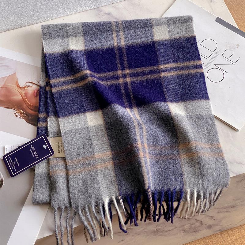 Men's Dark Blue Plaid 100% Pure Wool Scarf - Luxurious Winter Gift for Boyfriend, Father, or Elders.