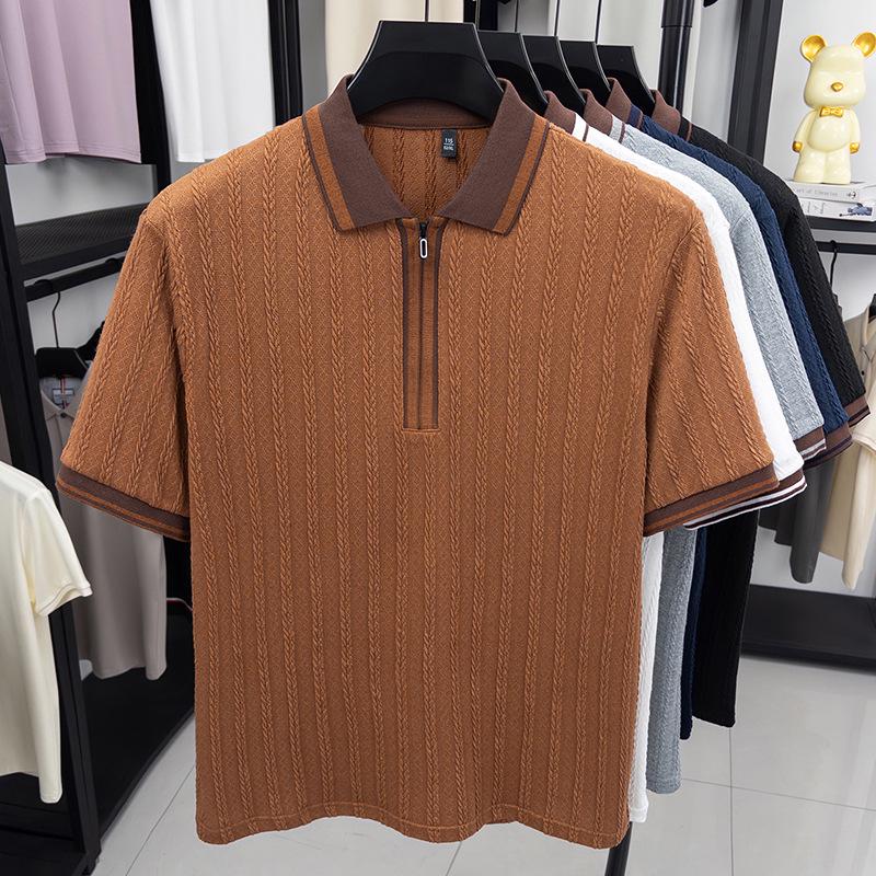 Men's Hipster Striped Knit Shirt - Short-Sleeve Lapel T-Shirt Top