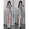 Vintage Chinesischen Stil Cheongsam High Split Mini Kleid 2024 Tie Dye Gothic Frauen Ästhetischen Verband Kleider Y2k Sexy Bodycon Robe