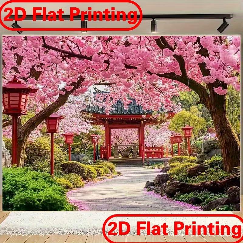 2D Japanese Cherry Blossom Shrine Backdrop Sakura Garden Background
