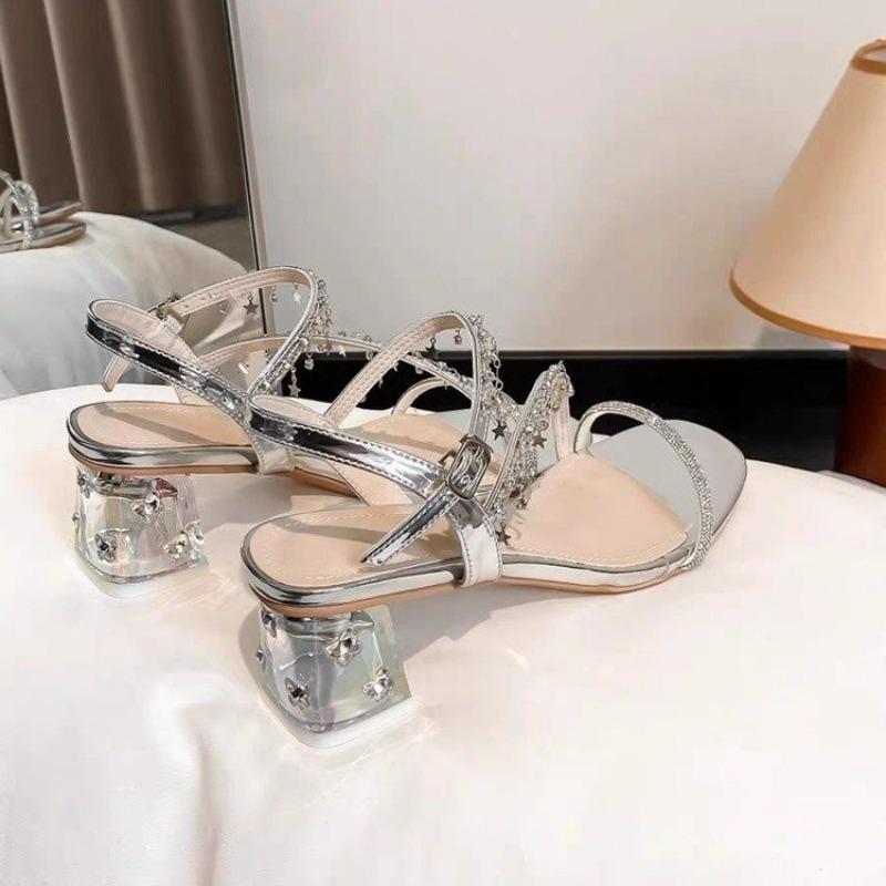 Fashion Silver Rhinestone Sequin Sandals for Women in Summer 2025, Square-toed, Thick-heeled, One-strap, Transparent Crystal High Heels