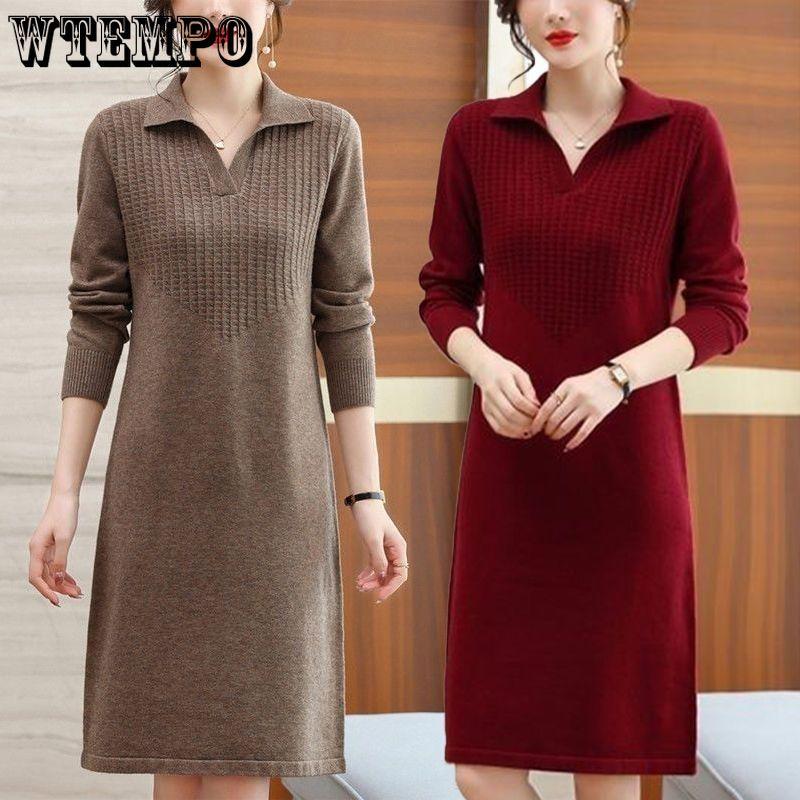 Solid Color Mid-length Knitted Dress for Women Casual Knitted Knitted Sweater Dress for Autumn and Winter Pullover