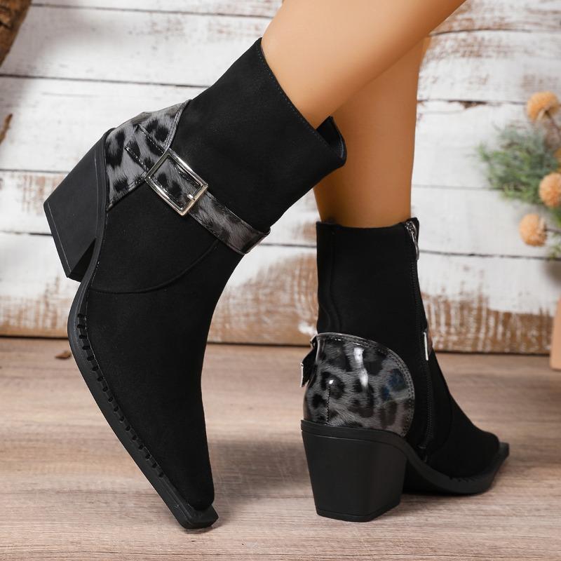 Fashion Fashion Metal Buckle Booties Autumn New Pointed Toe Side Zipper Anti-Slip Wear-Resistant High Heels