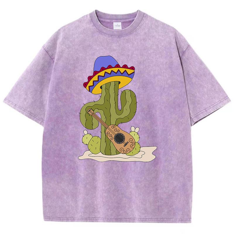 Cartoon Cactus Talking About Guitar Printed Tshirt Homme Versatile Loose Tees Aesthetic Oversized T-Shirt Tops