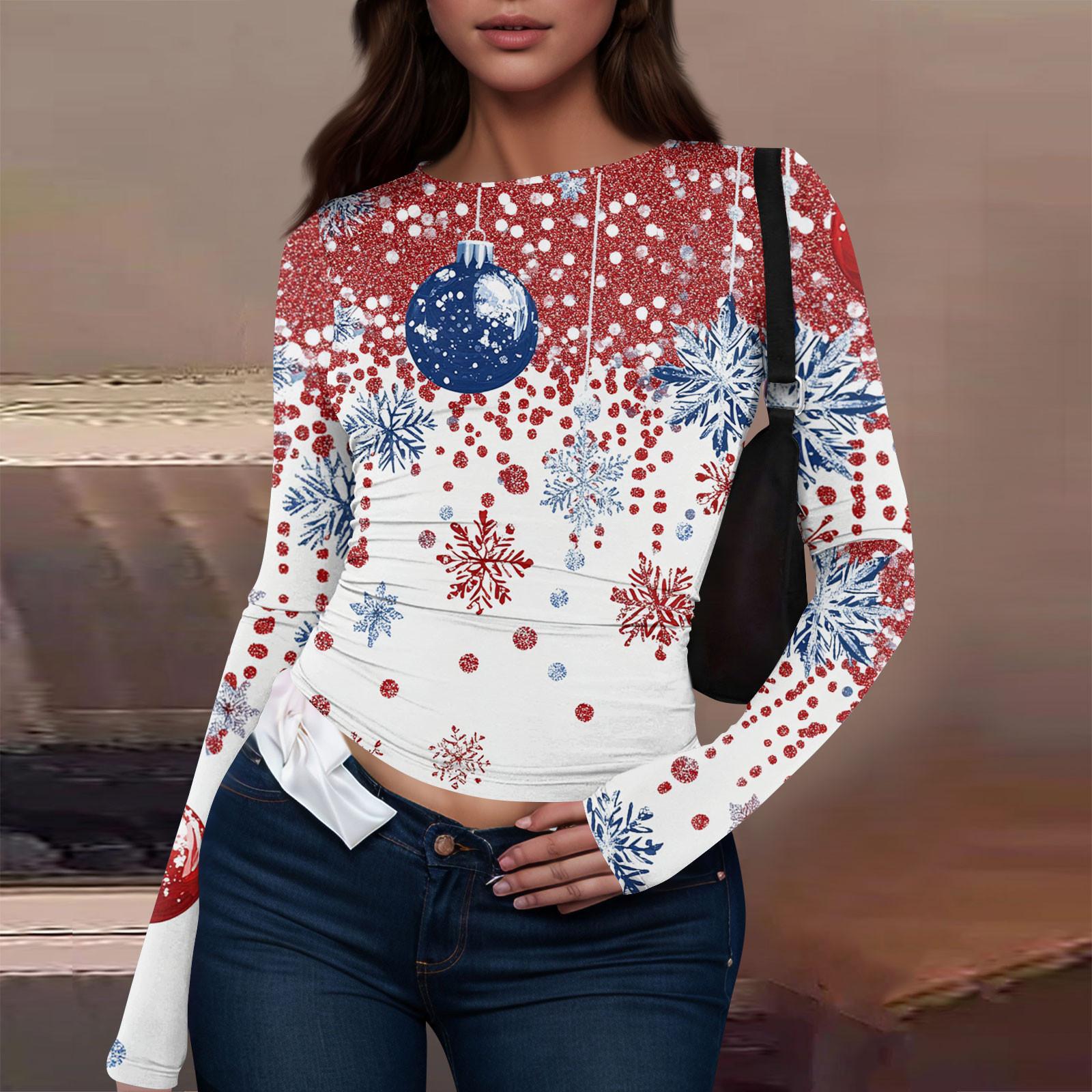 

Женская модная повседневная футболка с круглым вырезом и рождественским принтом с длинным рукавом XS белый