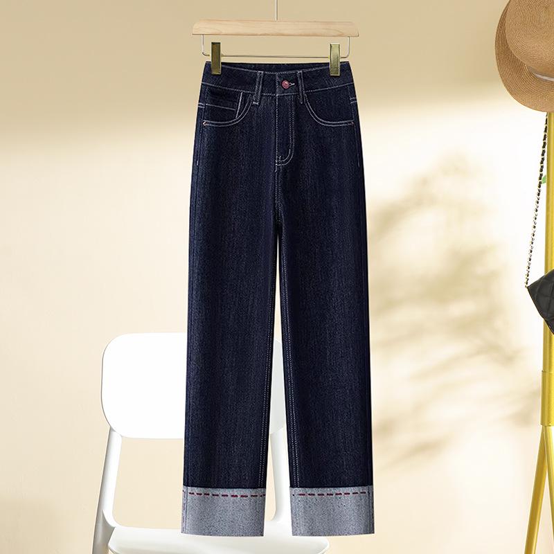

Women s Fleece-Lined Patchwork Denim Straight-Leg Pants, 2024 Autumn/Winter Style, High-Waist Slimming Cropped Design. 28
