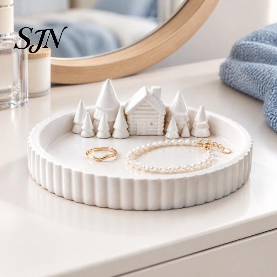 Jewelry Organizer Dish 3D Printed Winter Christmas Village Trinket Tray, Cottage Fir Tree Decorative Storage Tray Dish, Desktop for Vanity Entryway,