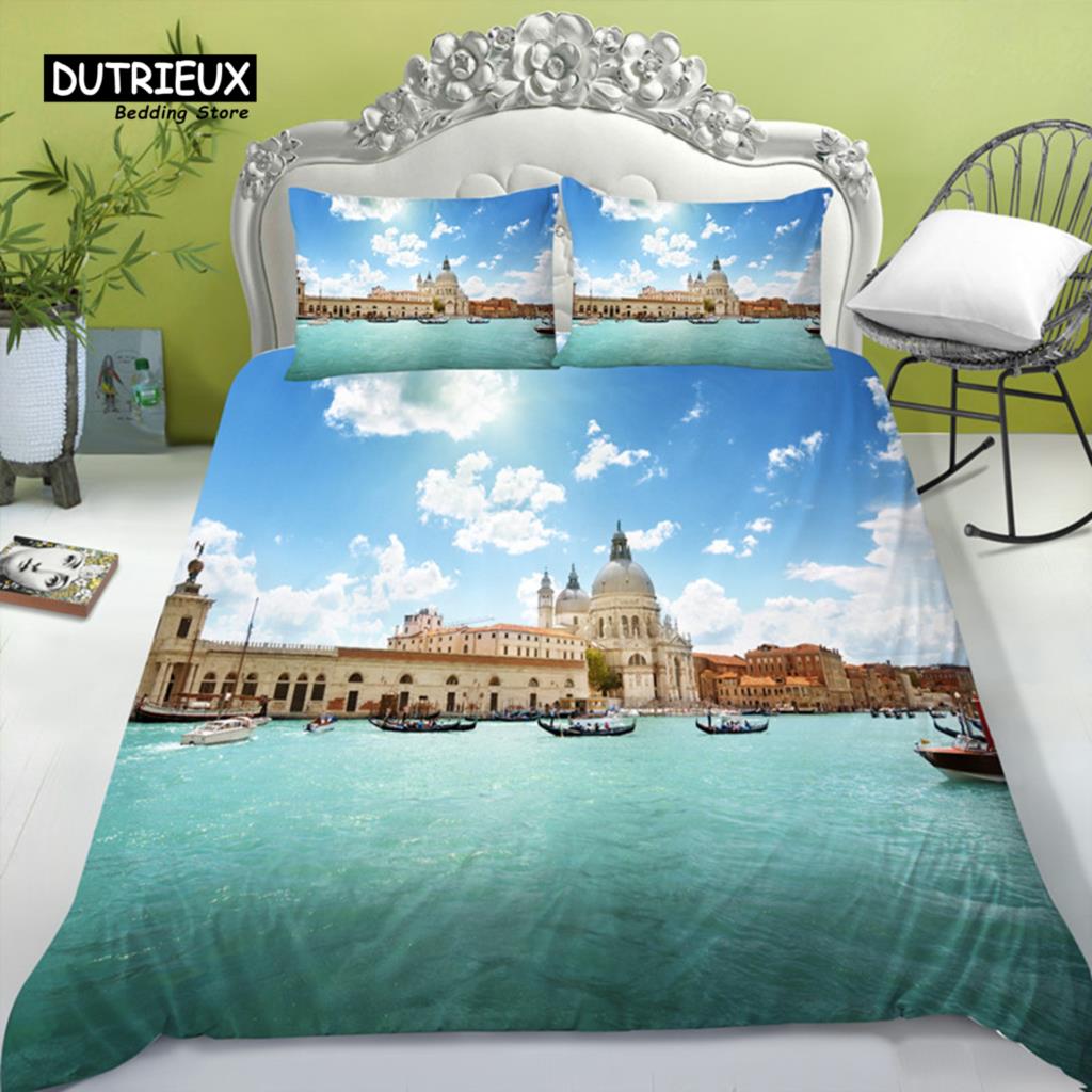 Eiffel Tower Duvet Cover Modern French Paris Cityscape Bedding Set 3D Europe Building Comforter Cover King For Kids Adults Decor