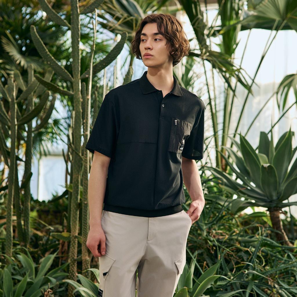 CHALLENGER Men'S Honeycomb Texture Pocket Detail Collared Short Sleeve T-Shirt Black
