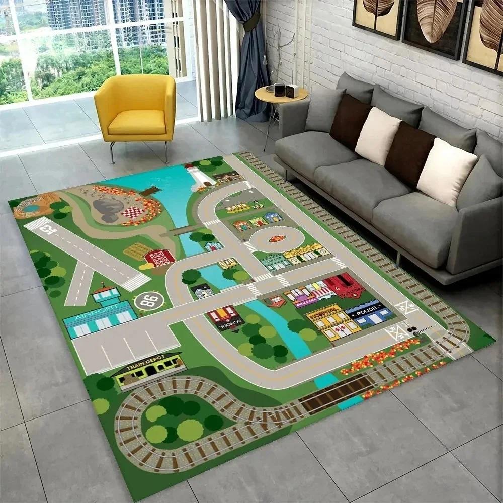 Child Playroom Floor Mat Highway City Traffic-Themed Carpet Rug for Kids Large Non-Slip Area Rug Ideal for Bedroom Home Decor