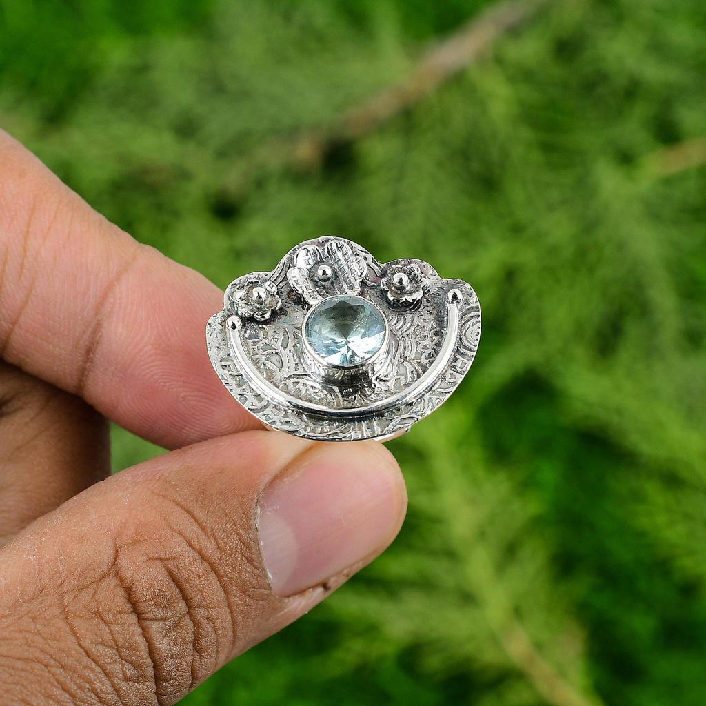 Natural Swiss Blue Topaz Solitaire Flower Adjustable Ring 925 Silver For Women
