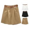 Women Summer Shorts A-line Solid Color With Belt High Waist Suit Shorts Loose Pockets Zipper Button Closure Lady Dating Commute Shorts