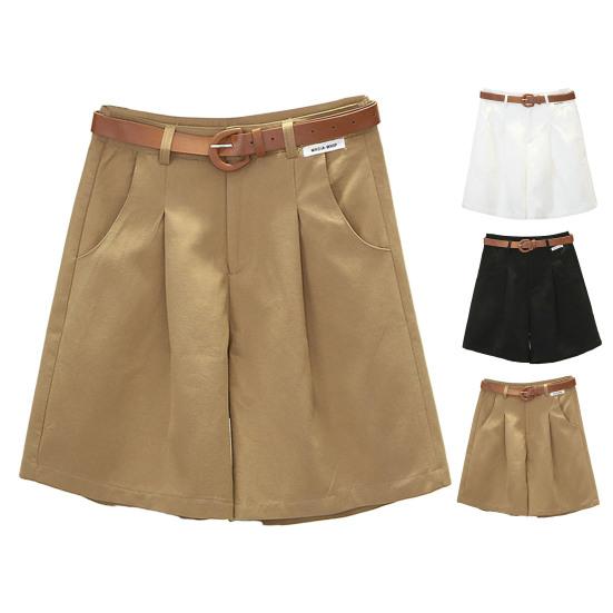 Women Summer Shorts A-line Solid Color With Belt High Waist Suit Shorts Loose Pockets Zipper Button Closure Lady Dating Commute Shorts