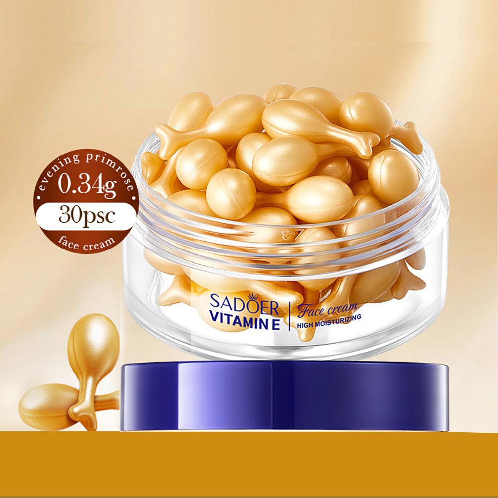 SADOER Evening Primrose Vitamin E Face Cream Capsule - Deeply Hydrating & Moisturizing Serum for All Skin Types 30 Capsules/bottle