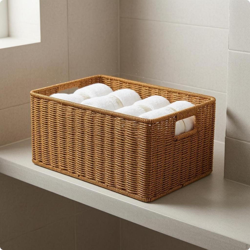 Rectangular Woven Basket Light Brown Container Reinforced rimed for Home Organization