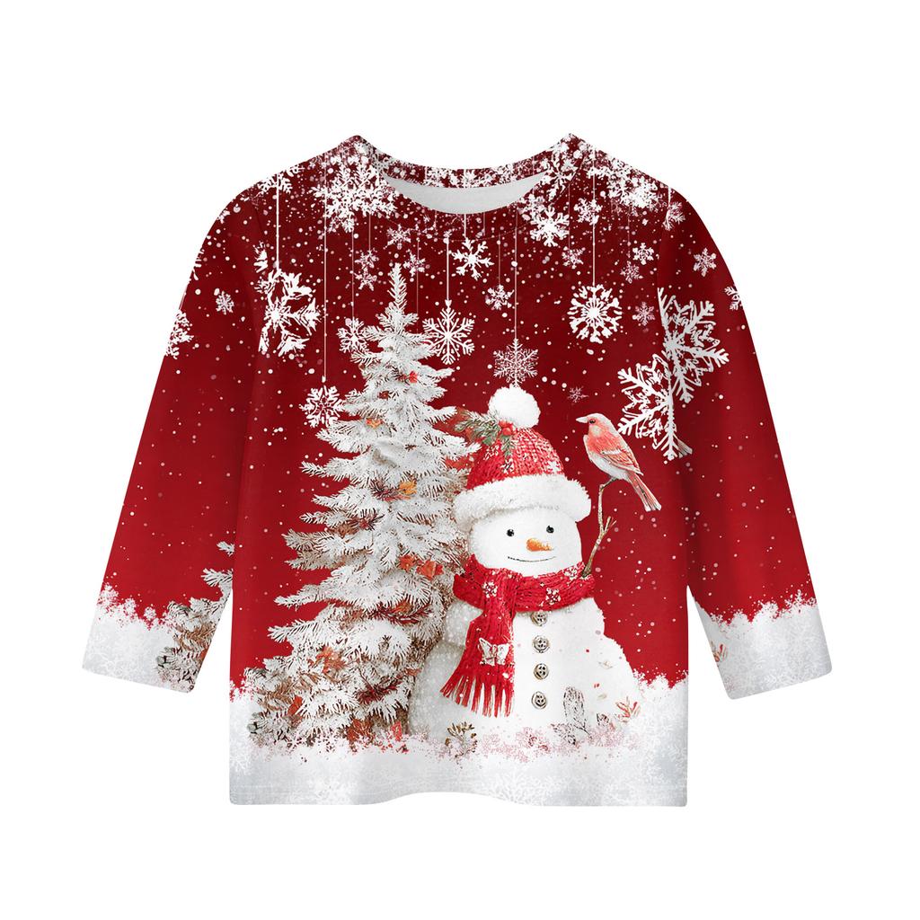 Christmas Day Print Tops For Youth Girls 4-11 Years Round Neck 3/4 Sleeves T-Shirts Trendy Tops Outfit Tees