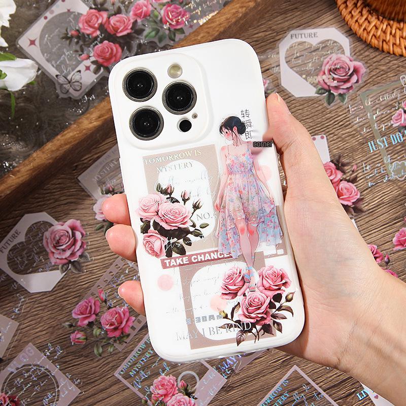 Yuezhen Floral Laser Silver Retro Journal Stickers - Waterproof PET Material