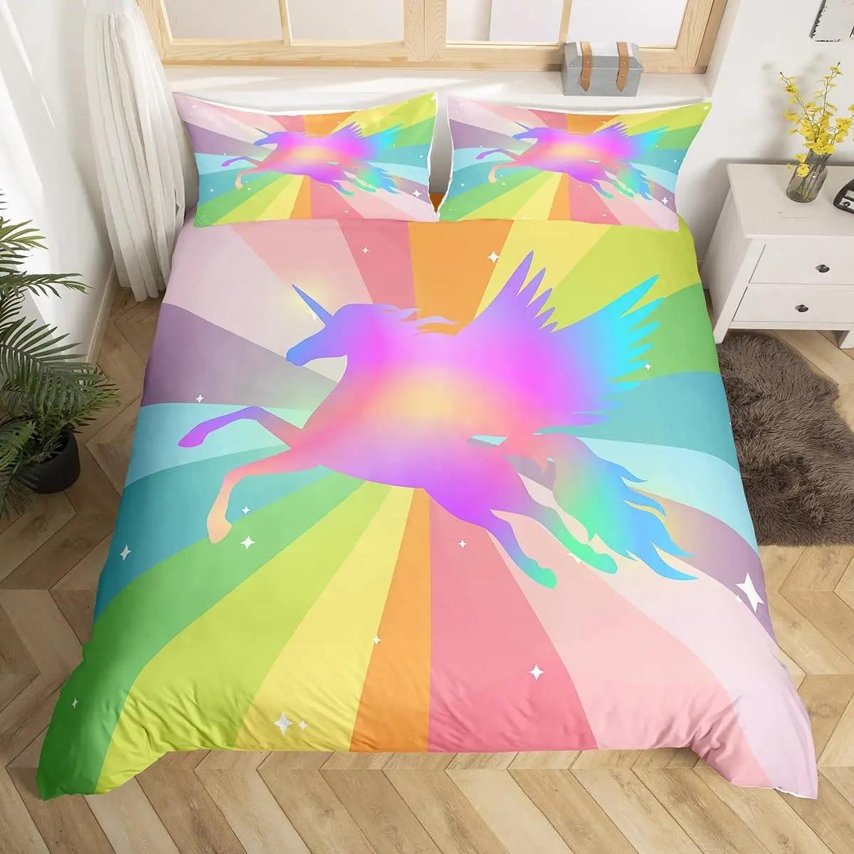 

Милый комплект постельного белья с единорогом Односпальный Полуторный Двуспальный Квинсайз Кингсайз Полиэстер Спальня Пододеяльник Взрослый Детский Одеяло Покрывало Комплект 70x133cm 2pcs