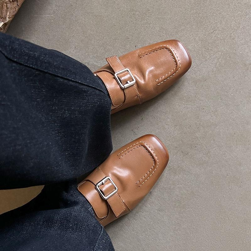 Washed cowhide 34-40 yards 2025 autumn square head middle heel deep mouth single shoes women's shoes square buckle loafers