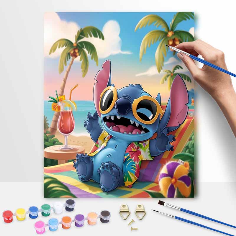 Disney Stitch Beach Oil Paint Art Painting Kit Home Wall Decor Handmade Gift Relaxing Summer Vacation Scenic Tropical Island Fun Craft