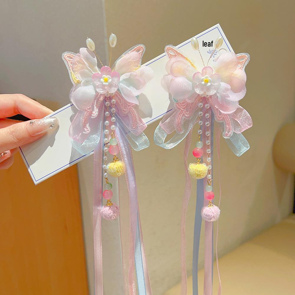 Ancient Style Hanfu Princess Butterfly Hair Clips with Long Ribbons - Children's Chinese Fairy Hair Accessories (Pair)
