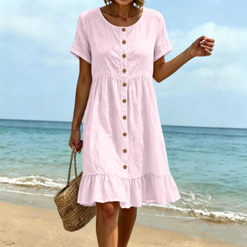 Women's Summer Casual Loose Fit Dress Short Sleeve Round Neck Button Front Midi Dress with Ruffle Hem Lightweight Comfortable Fabric
