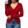 V-Neck Women's Ribbed Knit Slim Fit Cross Blouse Shirt Top