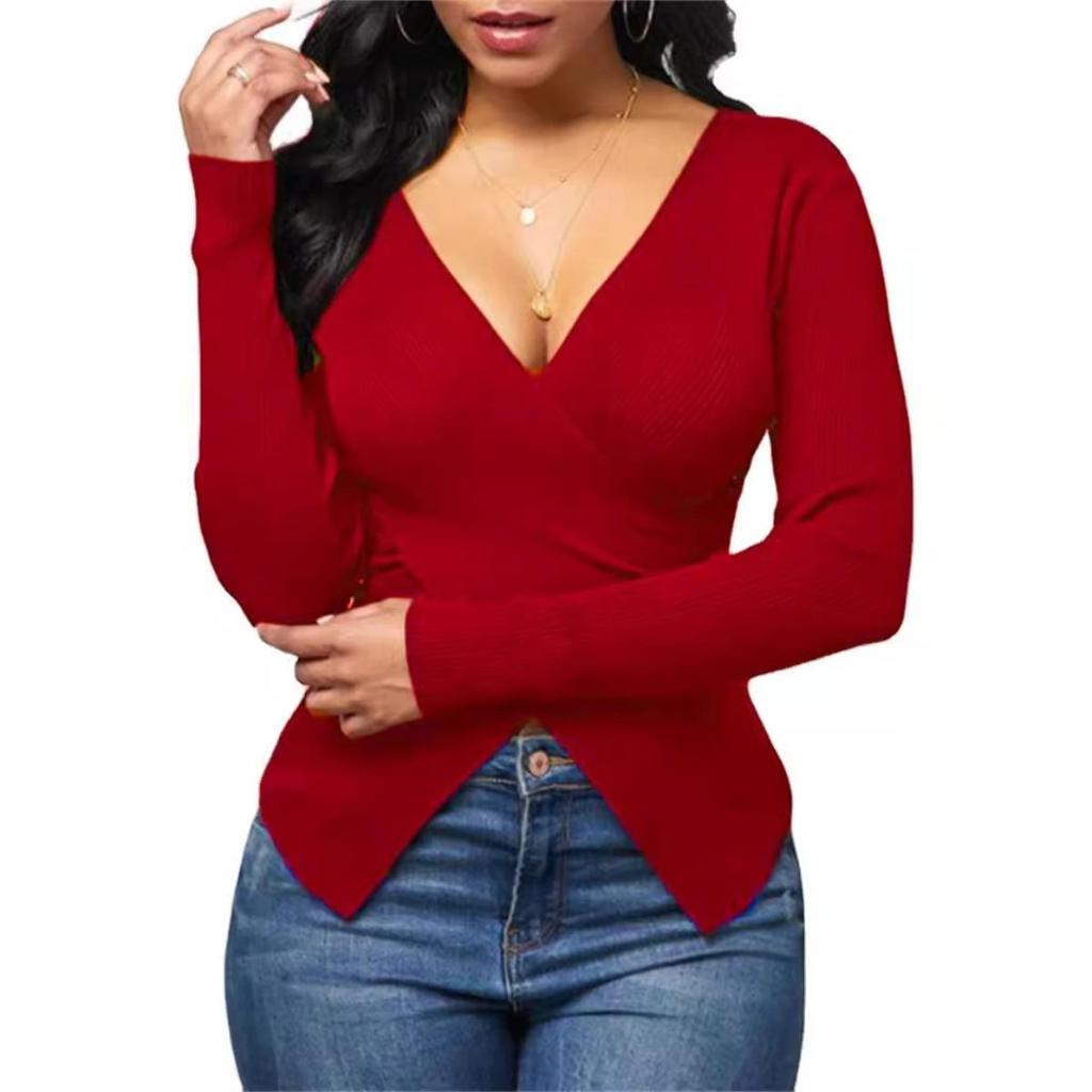 V-Neck Women's Ribbed Knit Slim Fit Cross Blouse Shirt Top
