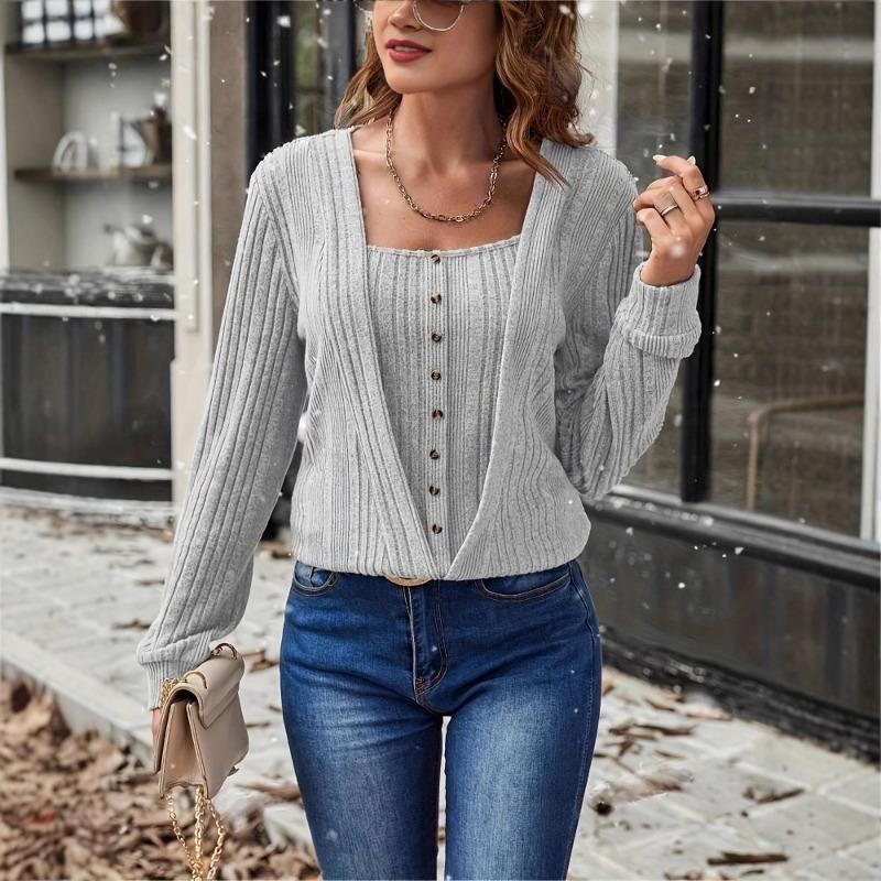 Women's Spring and Autumn New T-shirt Casual Fashion Button Loose Long Sleeve Solid Color Knitted Sweater